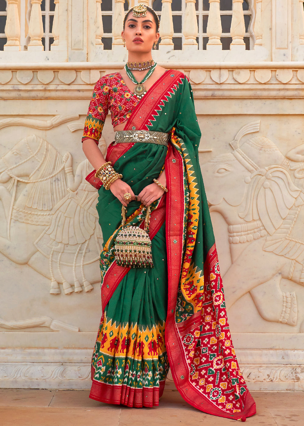 Eucalyptus Green and Red Woven Patola Silk Saree