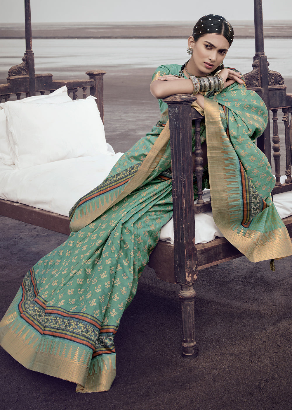 Oxley Green Printed Designer Silk Saree