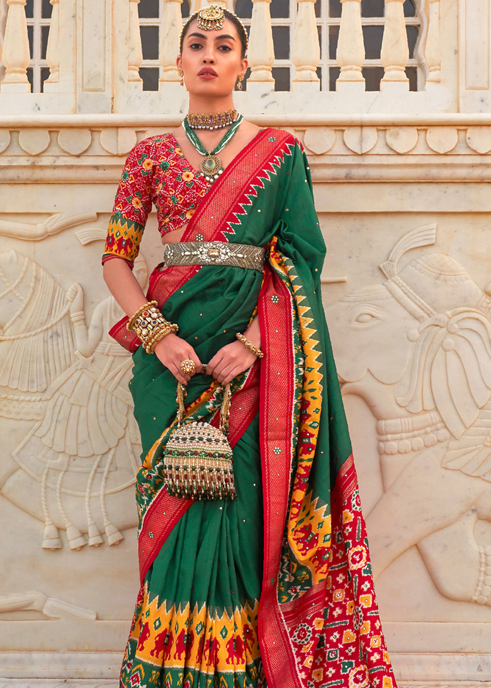 Eucalyptus Green and Red Woven Patola Silk Saree