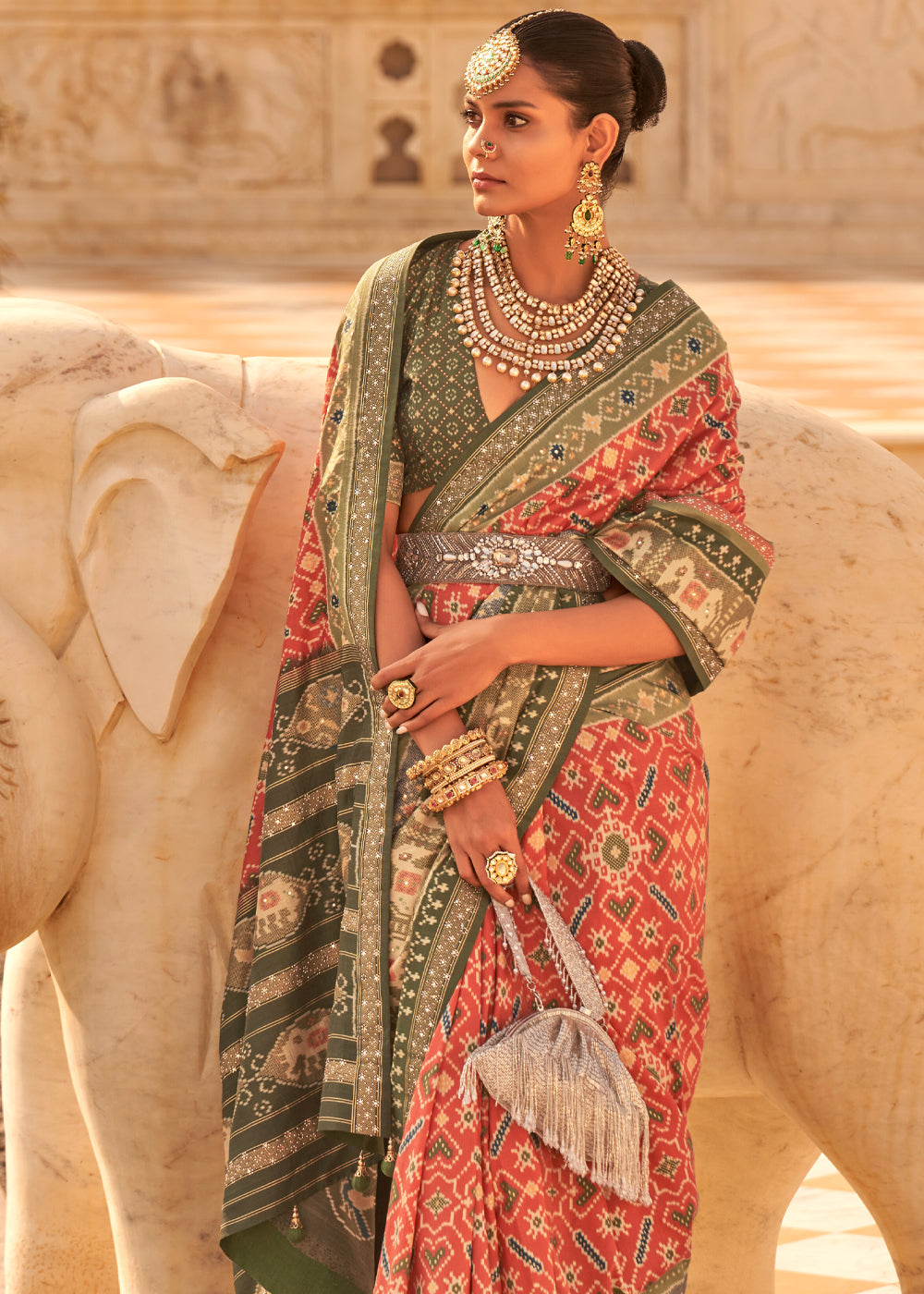 Sandy Orange and Green Handloom  Woven Patola Silk Saree