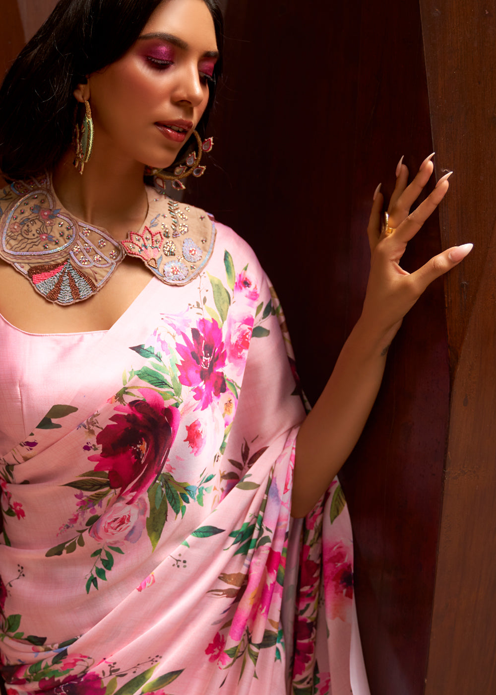 Cupid Pink Floral Printed Satin Silk Saree