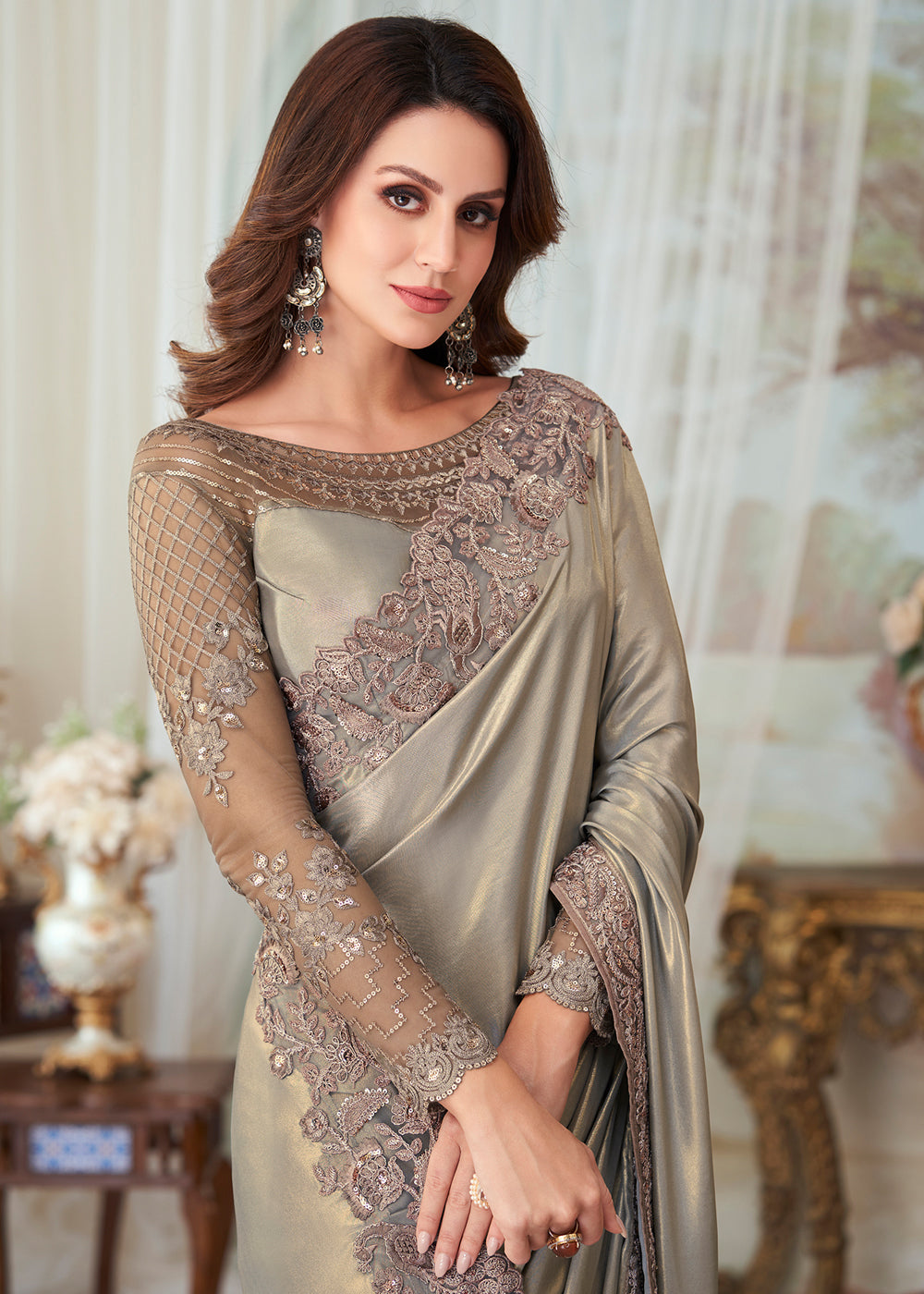 Royal Grey Designer Embroidered Satin Silk Saree