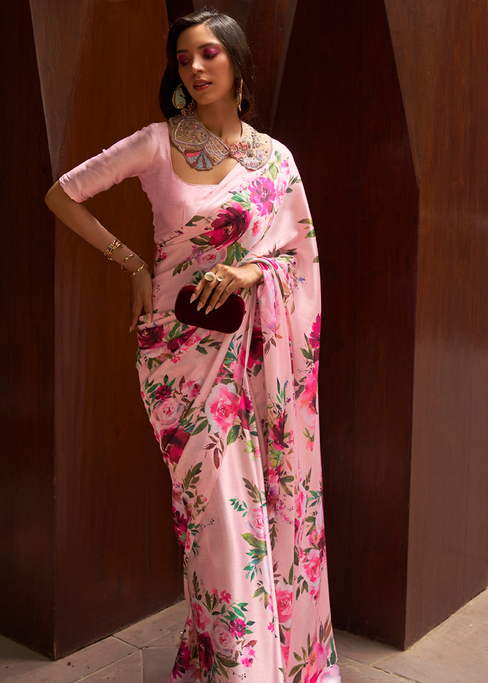 Cupid Pink Floral Printed Satin Silk Saree