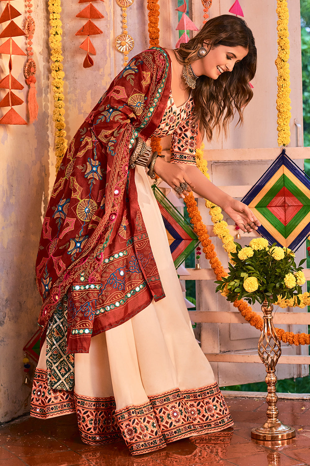 Vanila Cream and Maroon Lehenga Choli