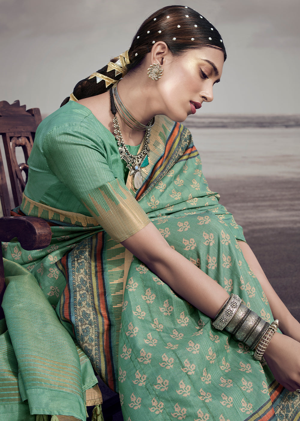 Oxley Green Printed Designer Silk Saree