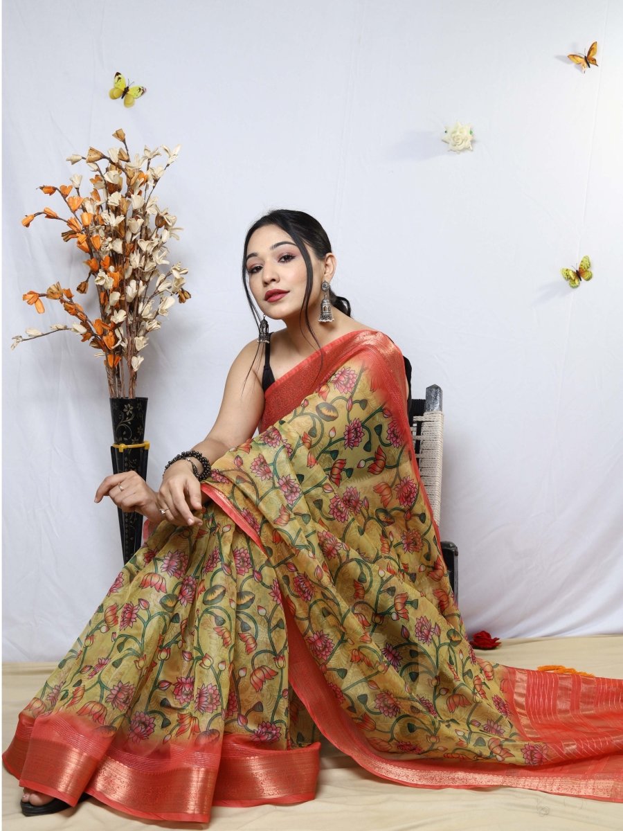 Calico Yellow Organza Kalamkari Printed with Sequins Jacquard Woven Saree