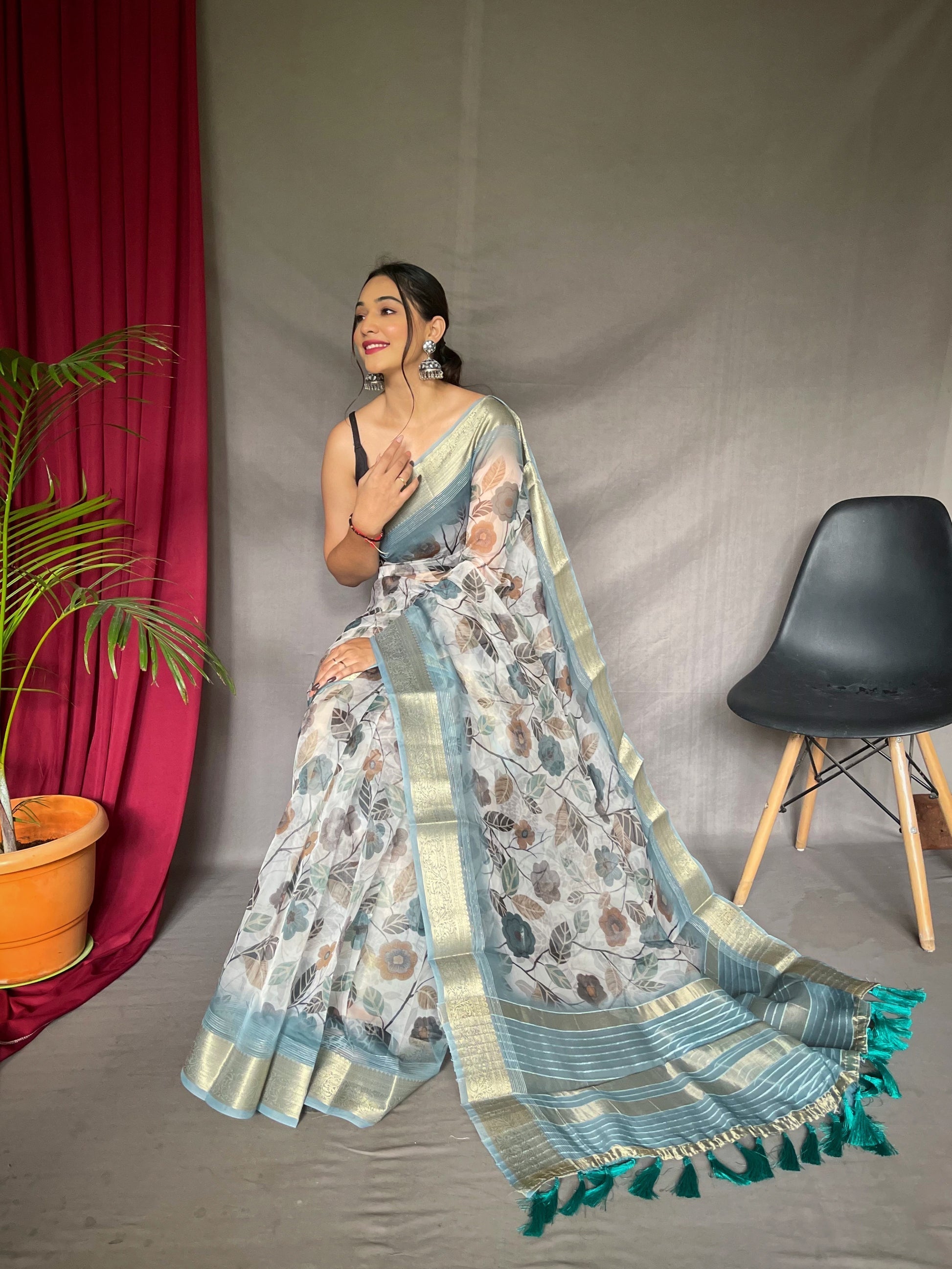 Moon Mist White Organza Floral Printed with Sequins Jacquard Woven Saree