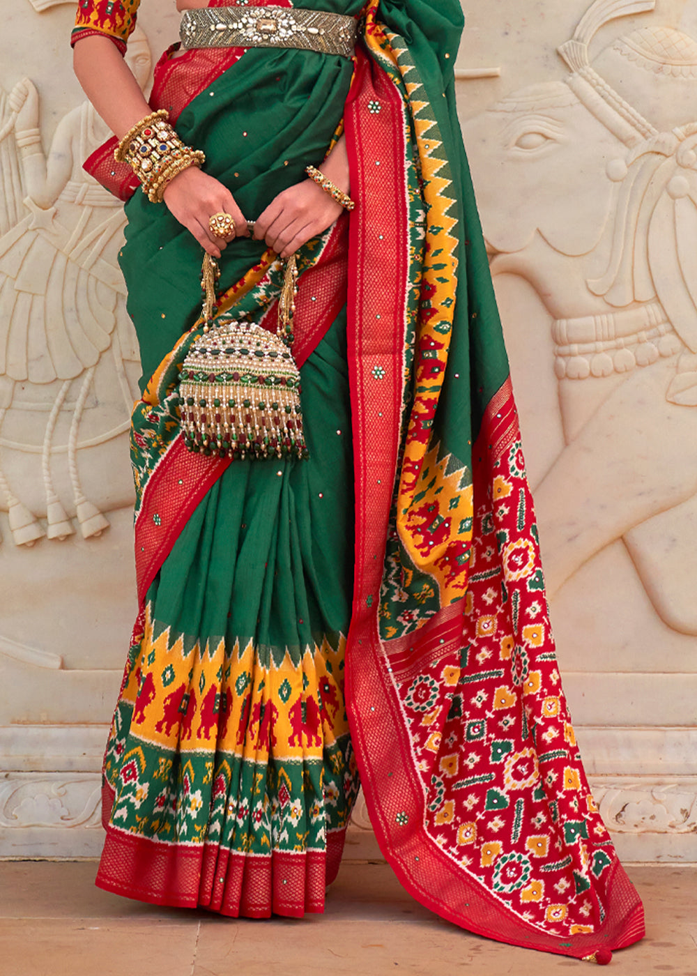 Eucalyptus Green and Red Woven Patola Silk Saree