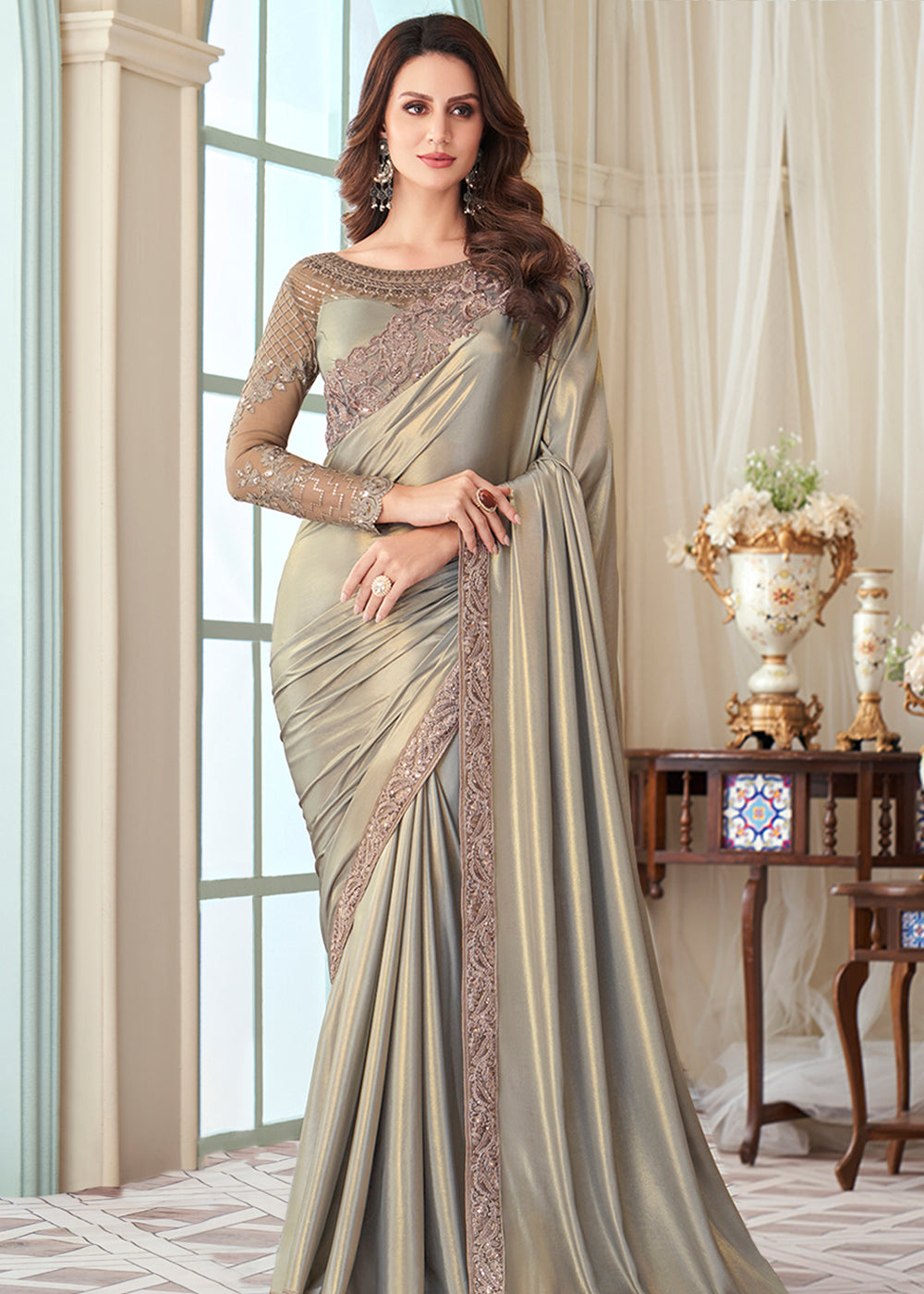 Royal Grey Designer Embroidered Satin Silk Saree