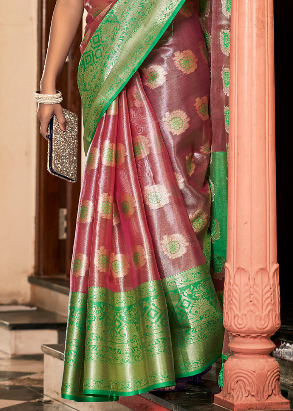 Tosca Brown and Green Woven Banarasi Organza Silk Saree