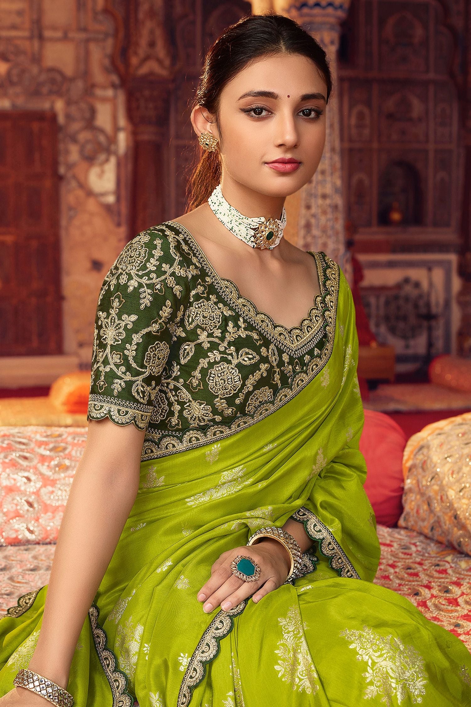 Sahara Green Organza Woven Silk Saree with Peacock Motifs