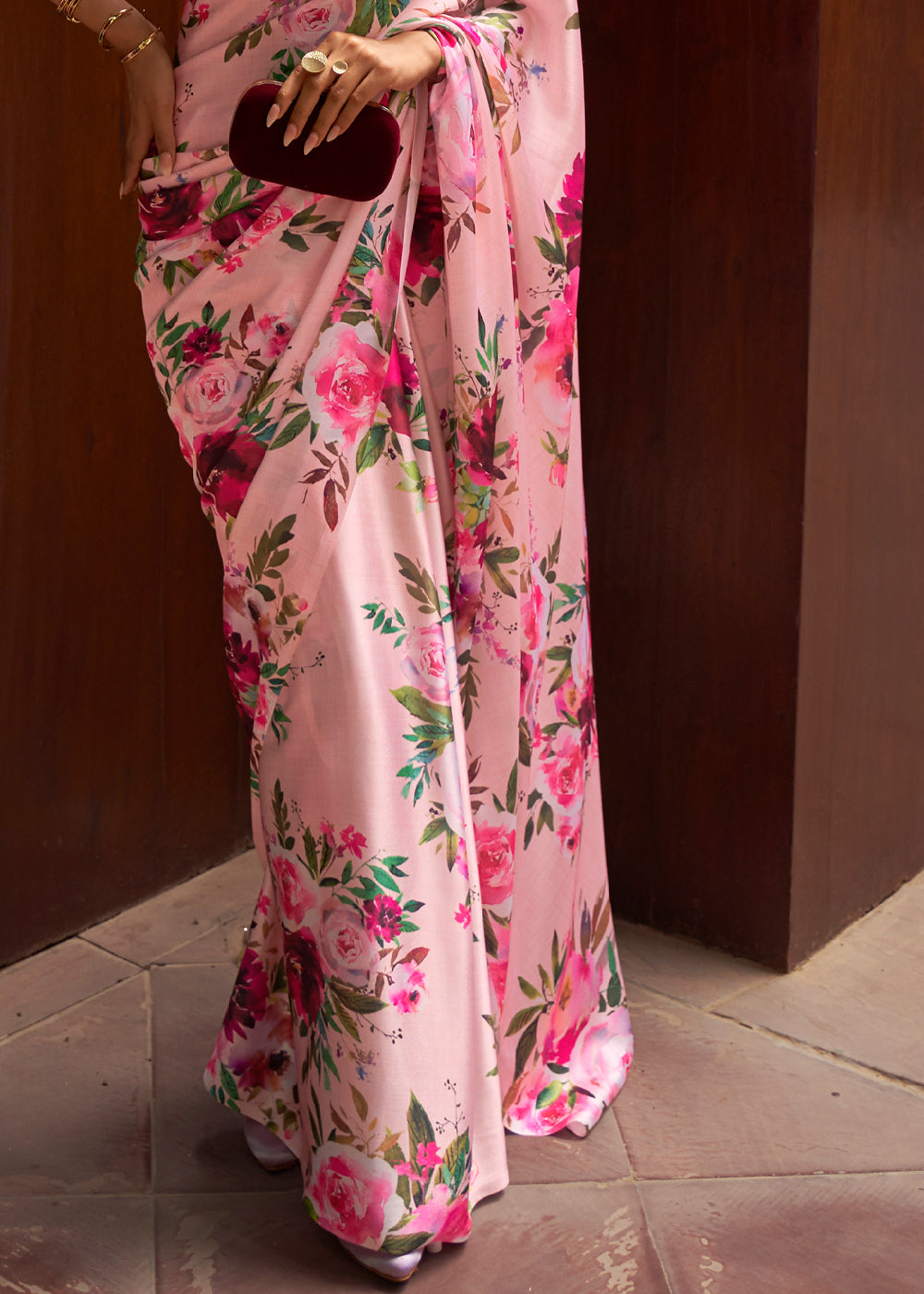 Cupid Pink Floral Printed Satin Silk Saree