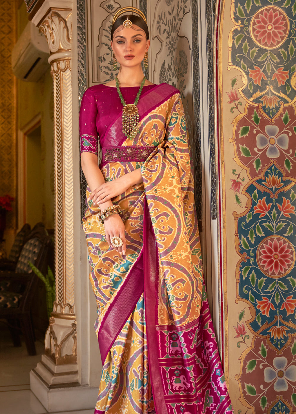 Porsche Yellow and Pink Woven Patola Paithani  Silk Saree