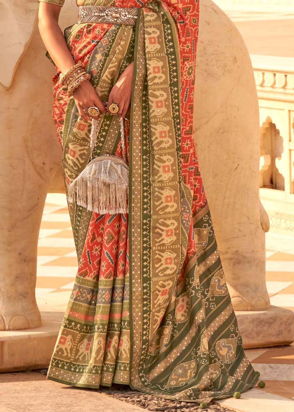 Sandy Orange and Green Handloom  Woven Patola Silk Saree