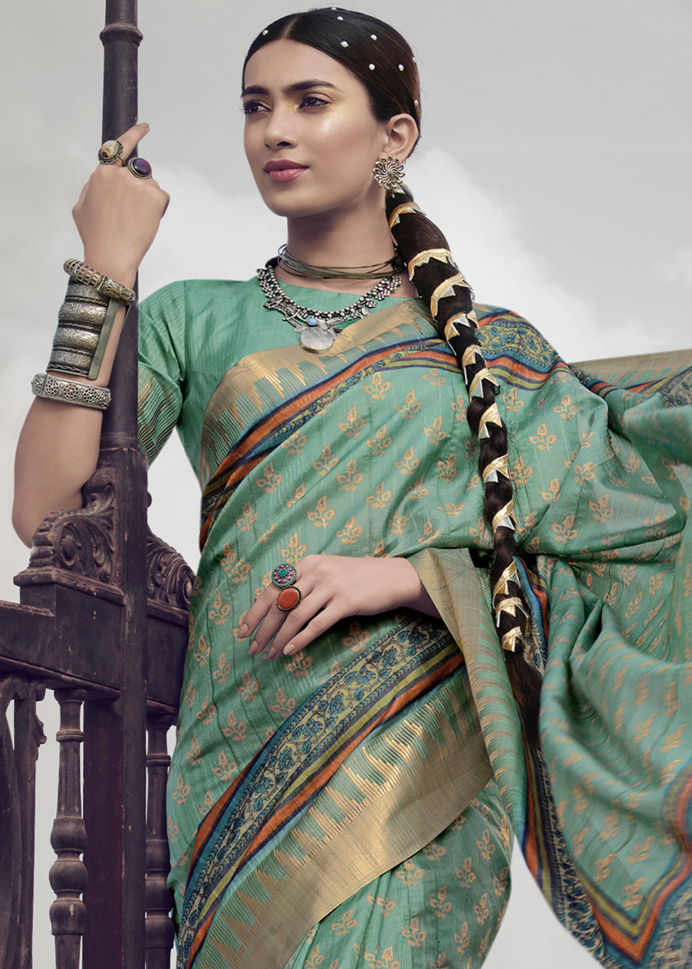 Oxley Green Printed Designer Silk Saree