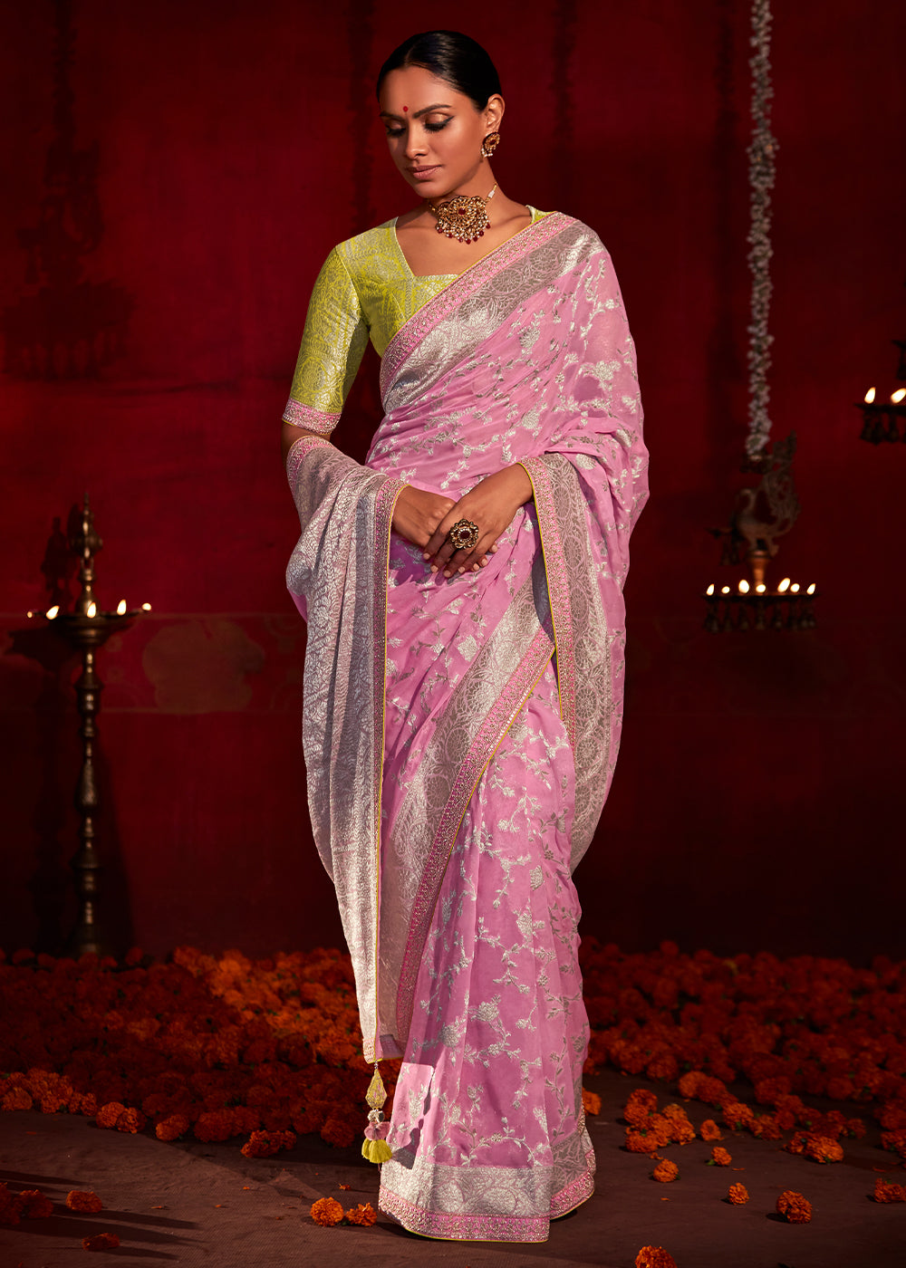 Carissma Pink Woven Banarasi Georgette Silk Saree