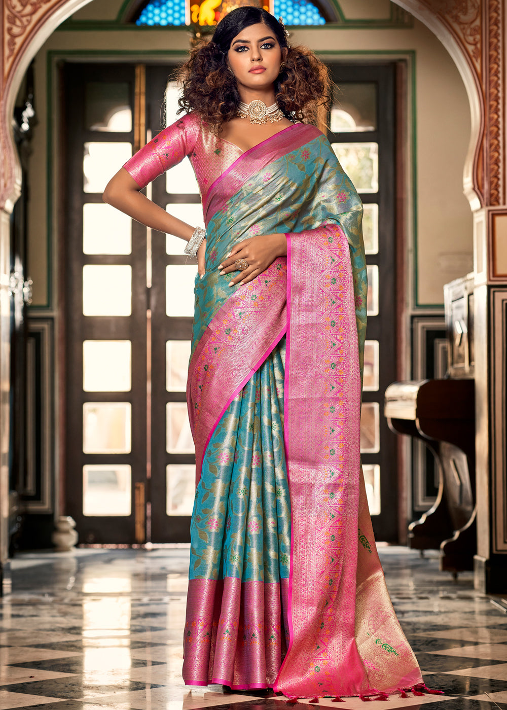 Surf Blue and Pink Woven Banarasi Organza Silk Saree