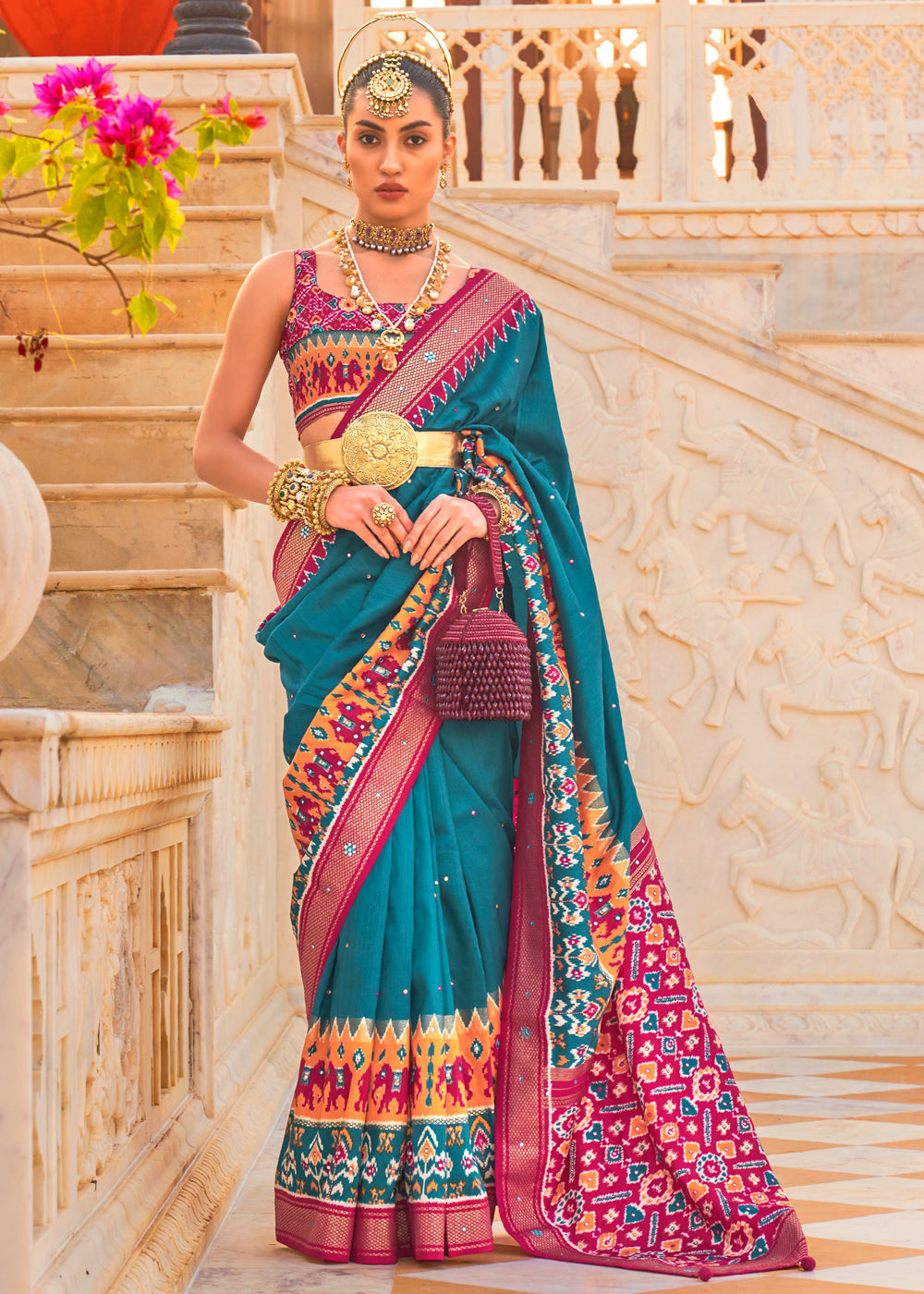 Blue Chill and Pink Woven Patola Silk Saree