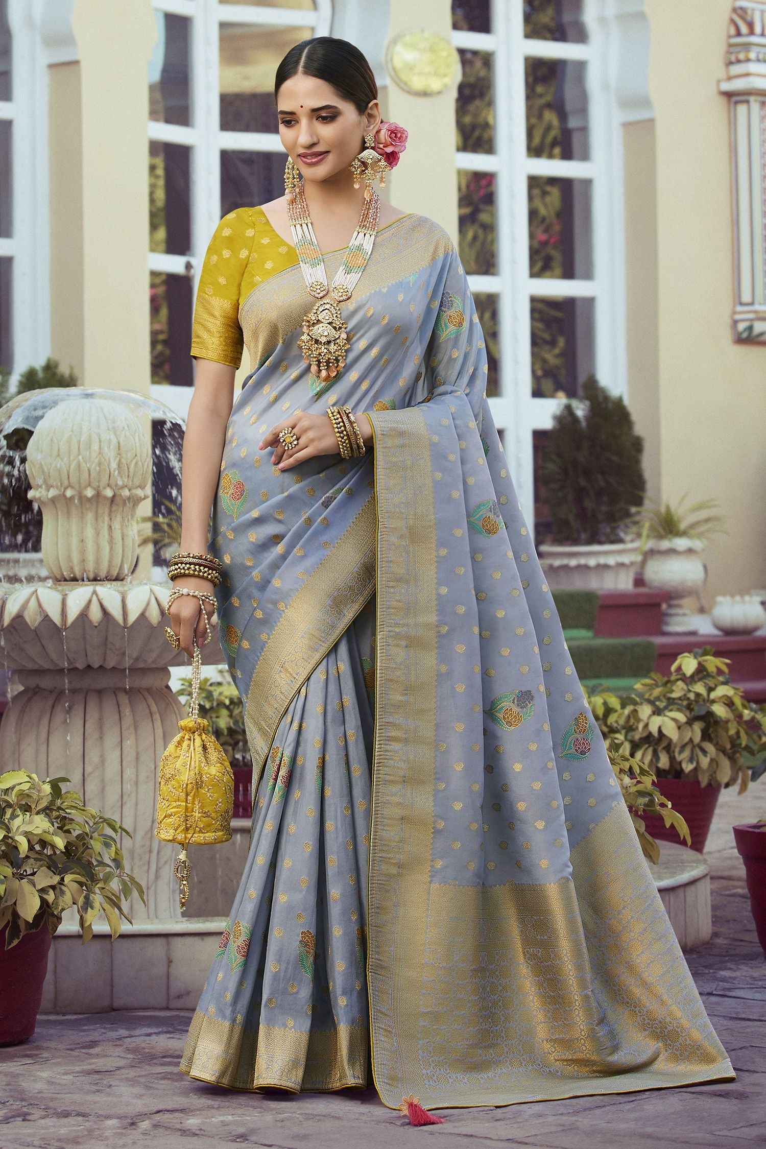 Cadet Blue Woven Designer Banarasi Silk Saree