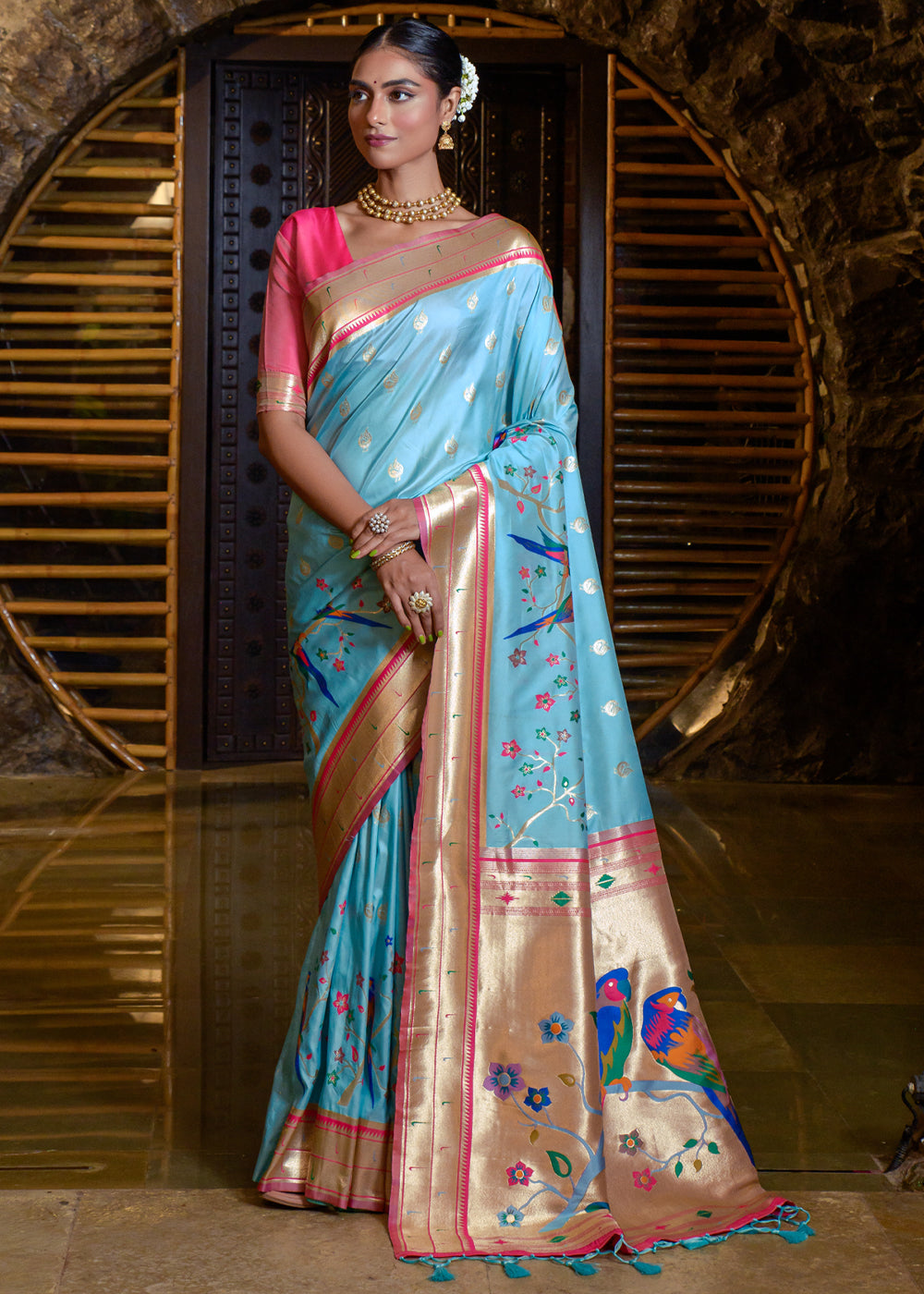 Pelorous Blue Woven paithani Silk Saree