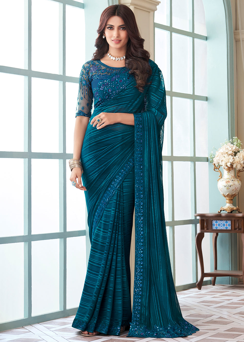 Matisse Blue Designer Embroidered Satin Silk Saree