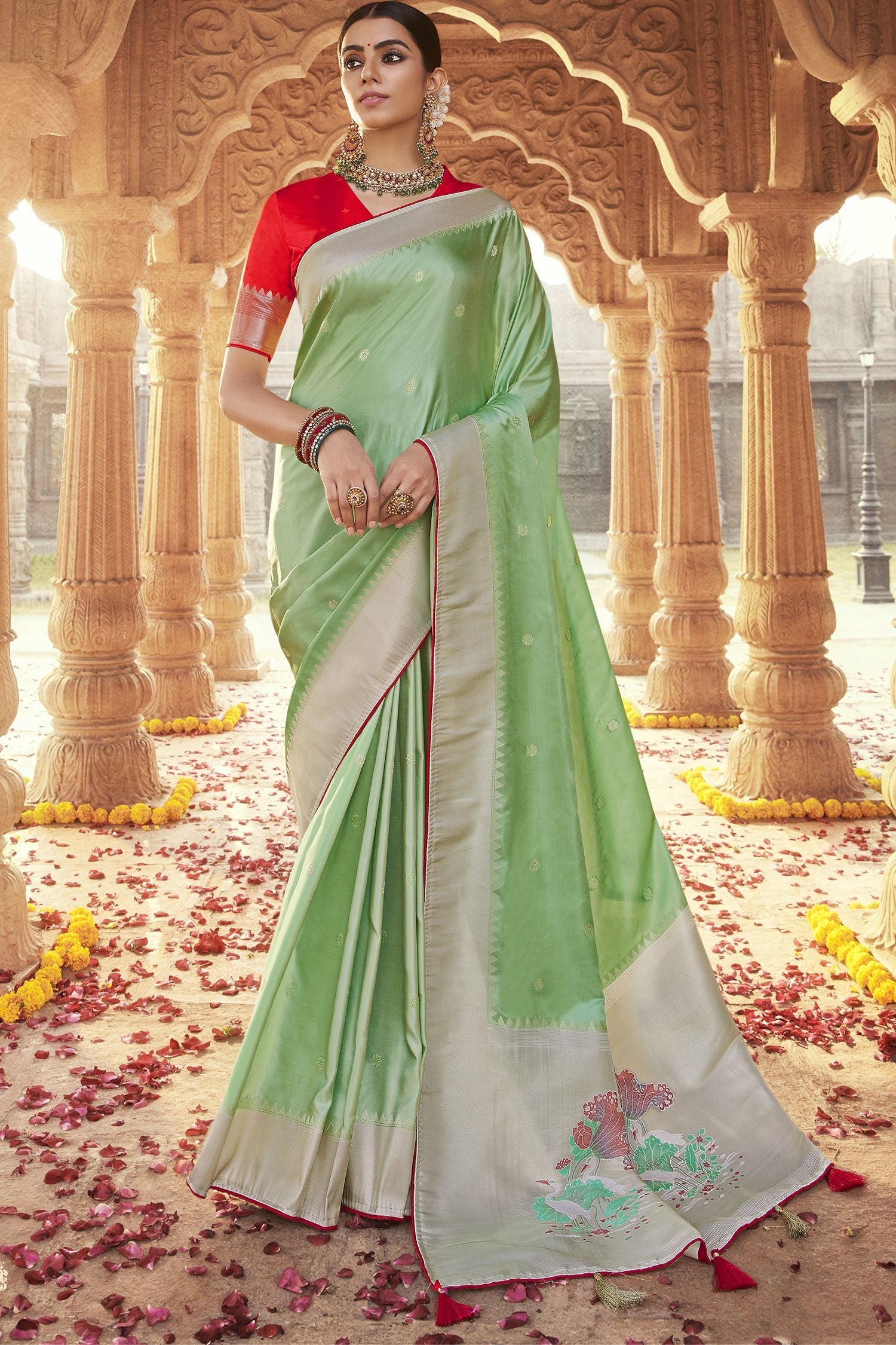 Norway Green Designer Banarasi Satin Silk Saree