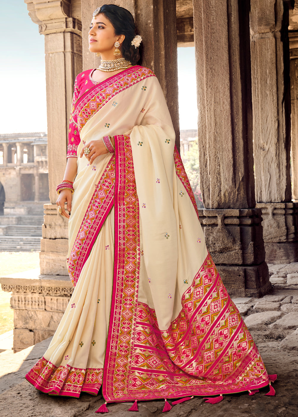 Dairy Cream Banarasi Woven Silk Saree with Designer Blouse