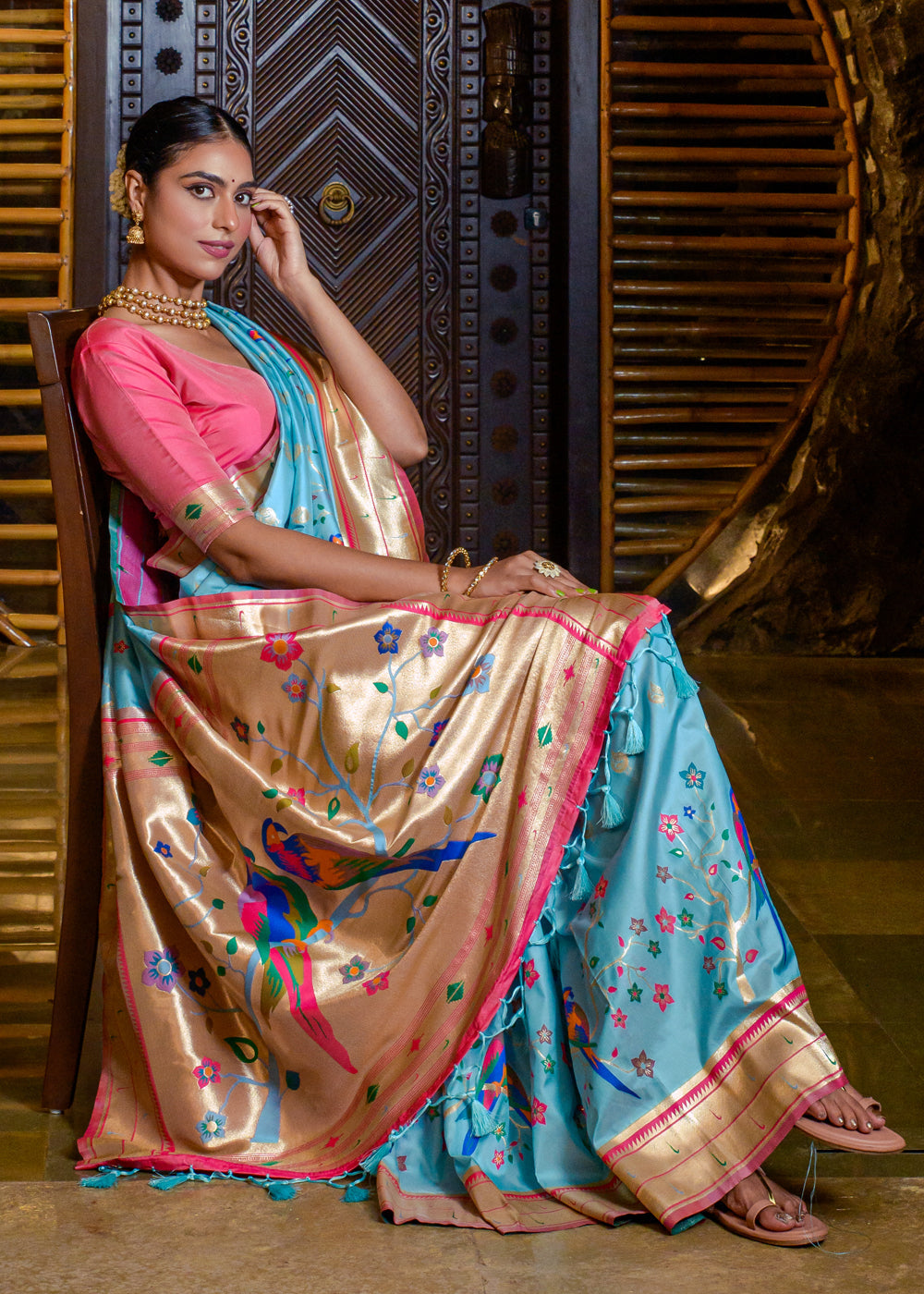 Pelorous Blue Woven paithani Silk Saree