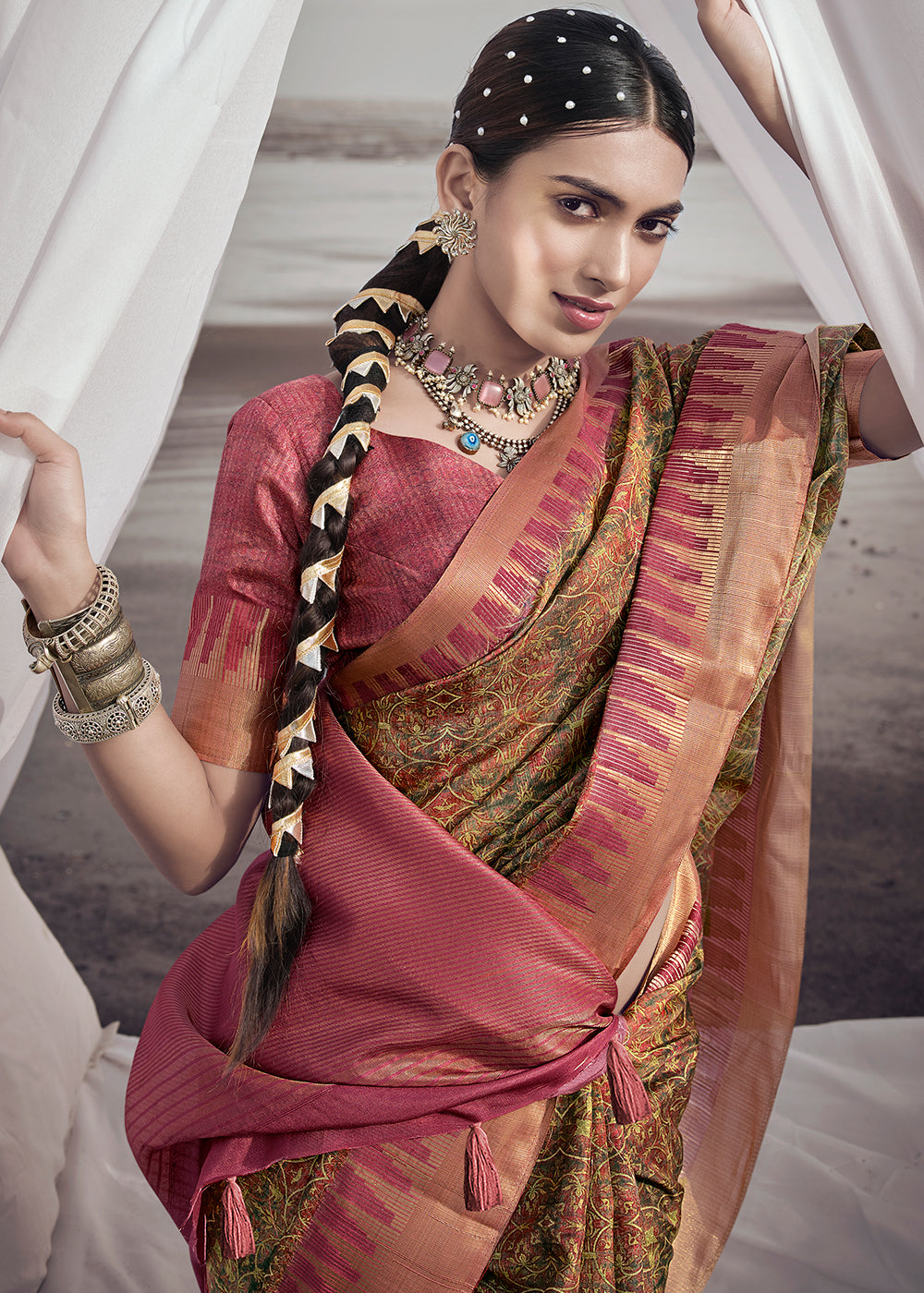 Dirt Brown Printed Designer Silk Saree