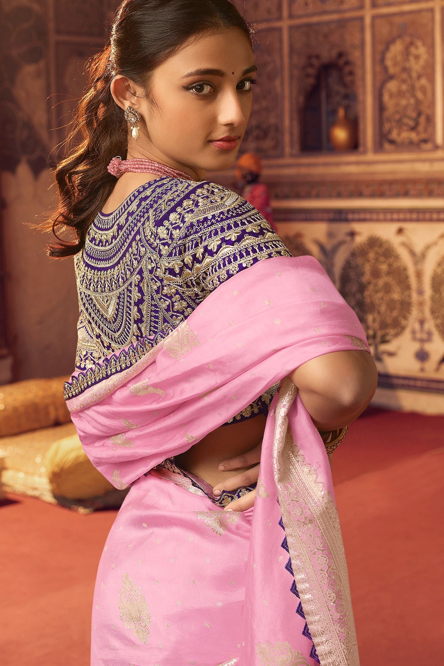 Charm Pink Organza Woven Silk Saree With Peacock Motifs