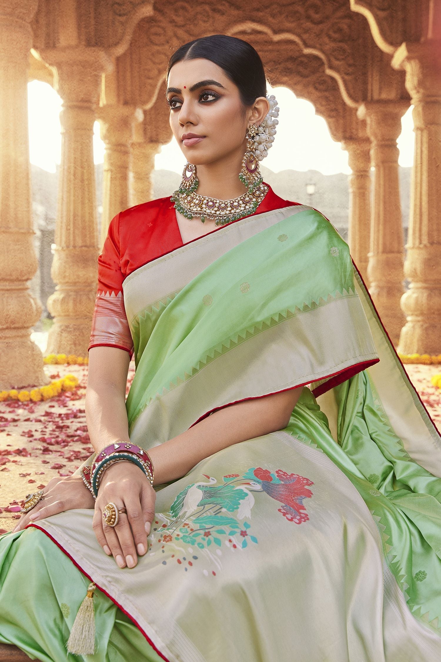 Norway Green Designer Banarasi Satin Silk Saree