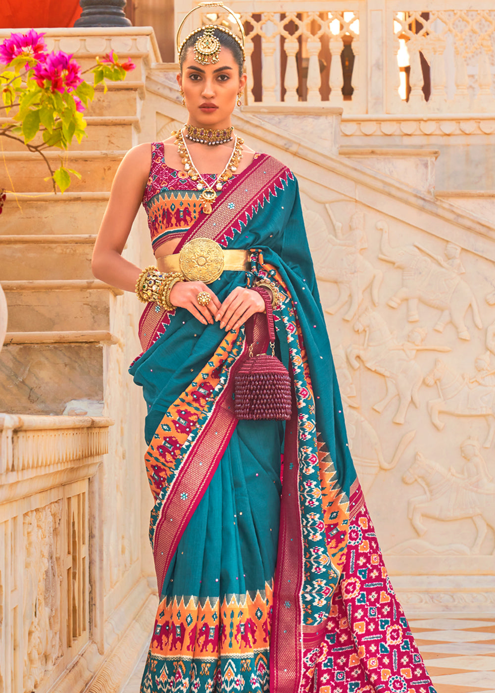 Blue Chill and Pink Woven Patola Silk Saree