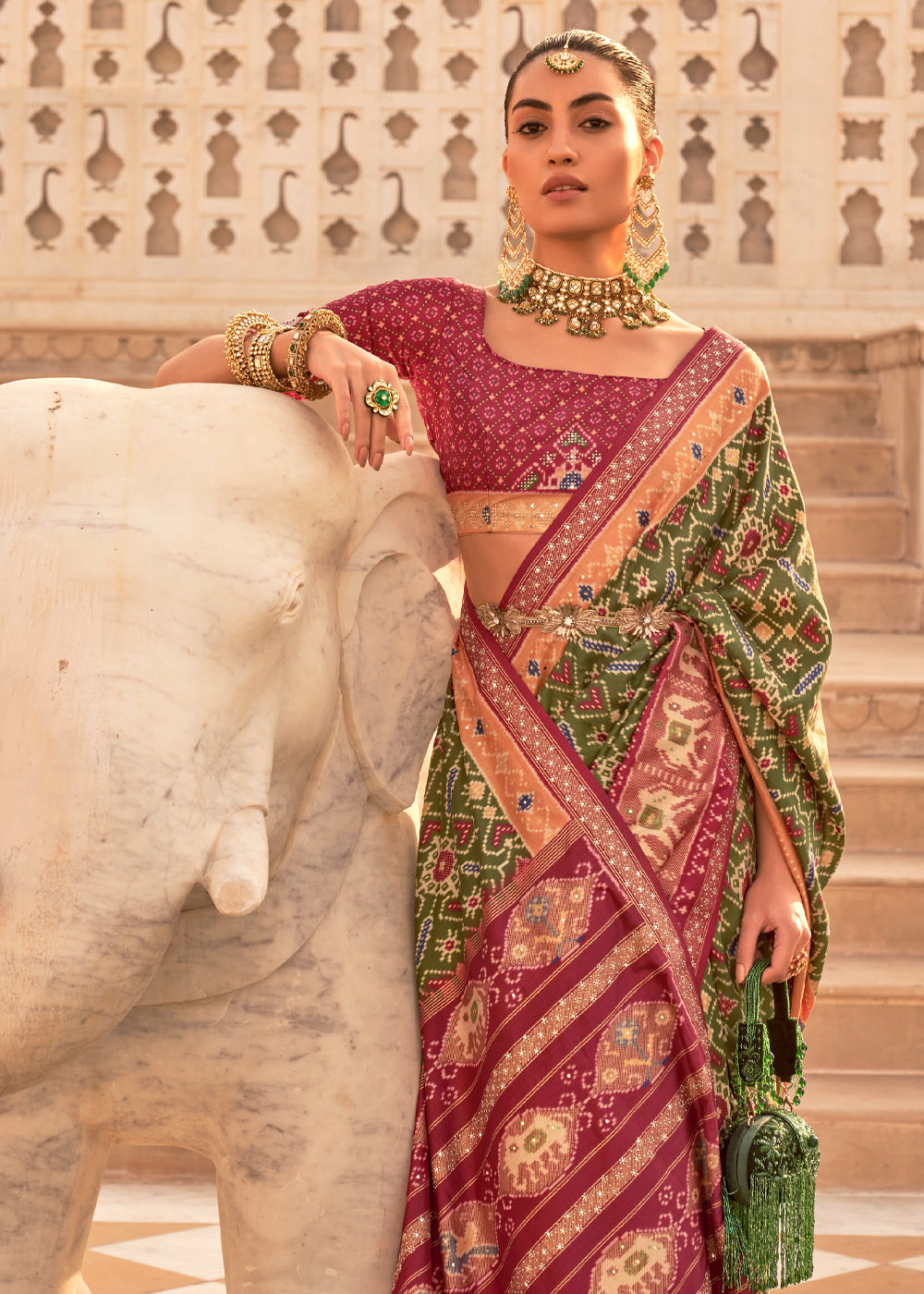 Sycamore Green and Maroon Woven Patola Silk Saree