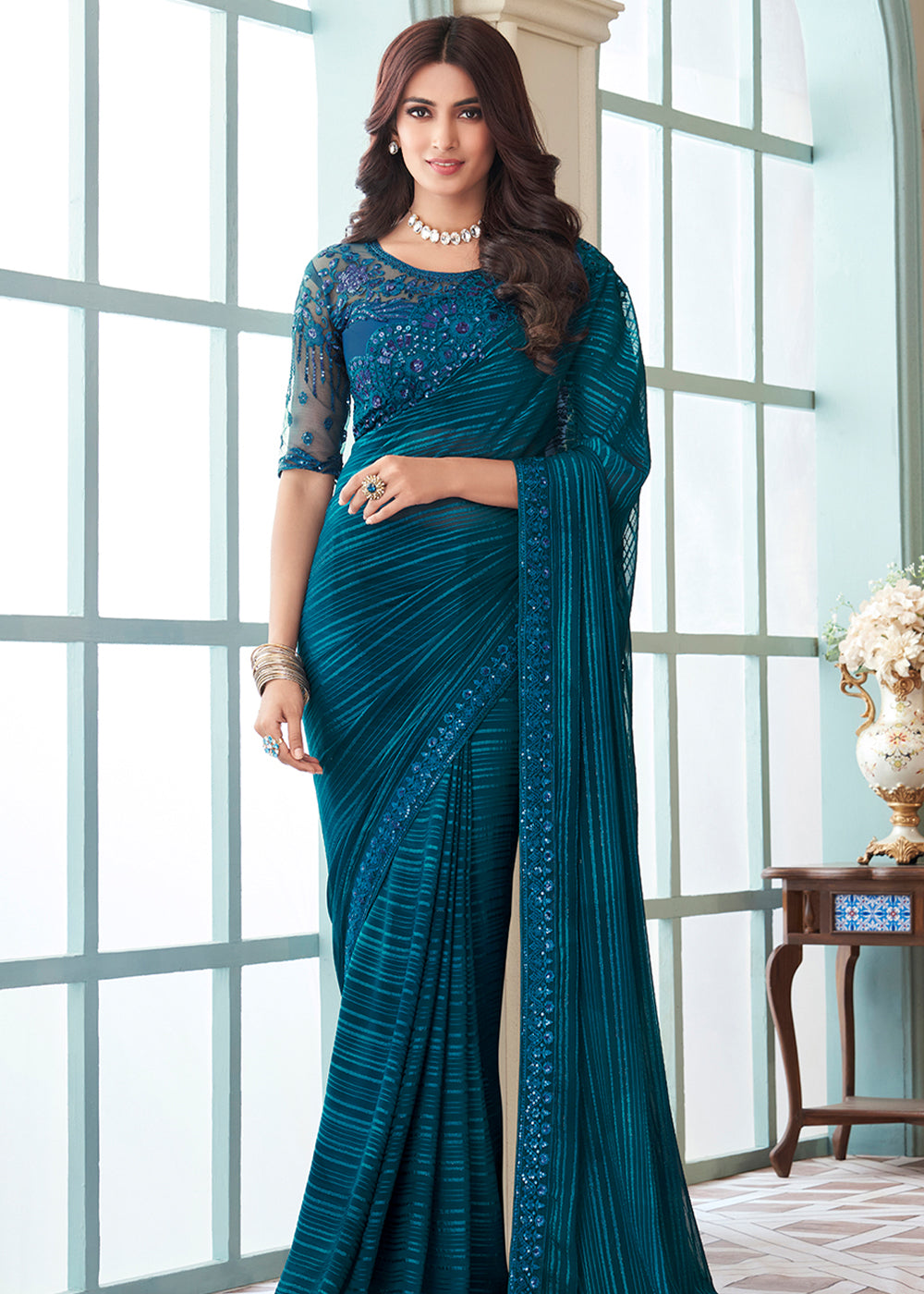 Matisse Blue Designer Embroidered Satin Silk Saree