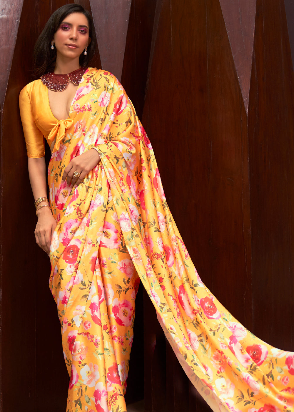 Goldenrod Yellow Floral Printed Satin Silk Saree