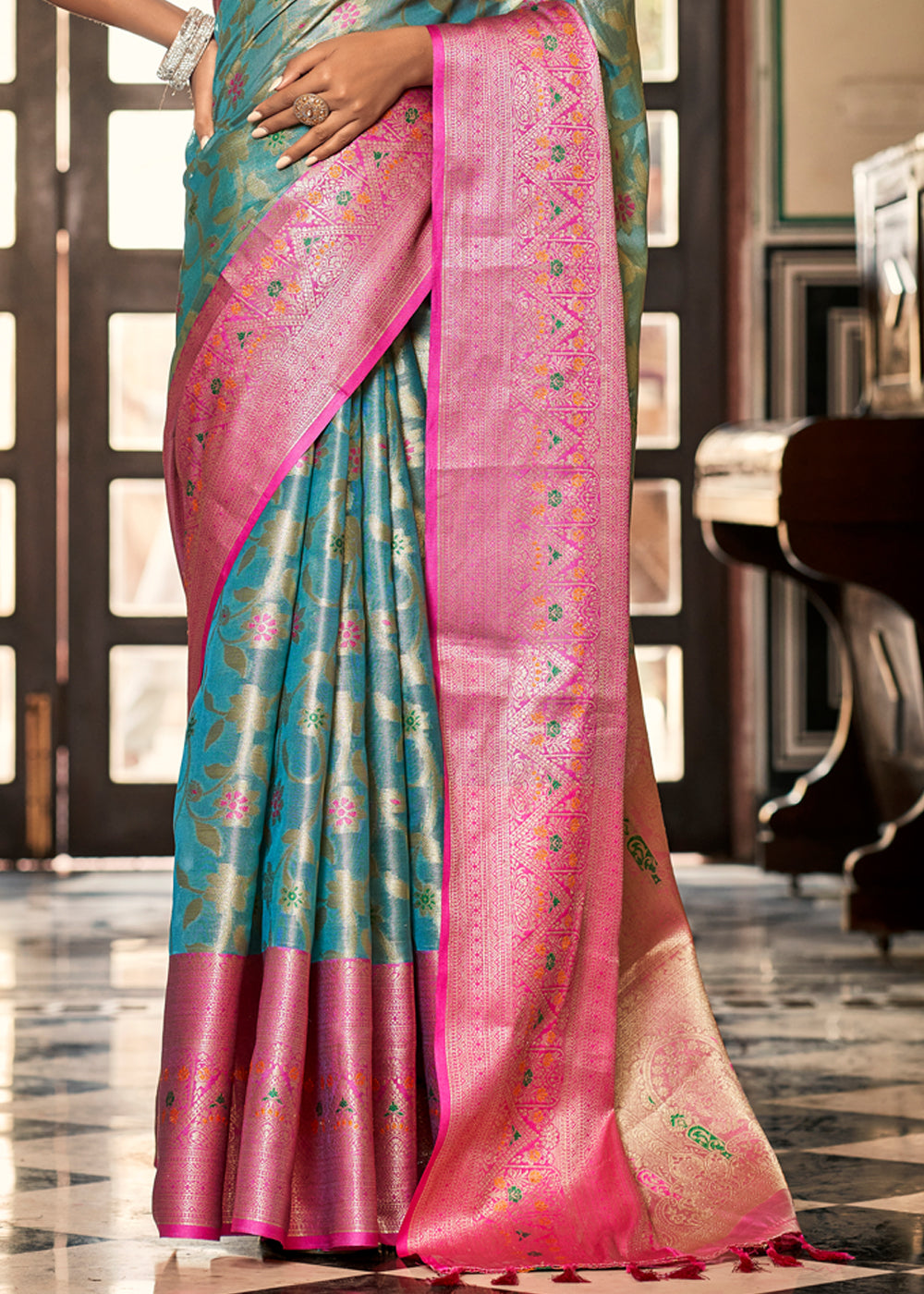 Surf Blue and Pink Woven Banarasi Organza Silk Saree