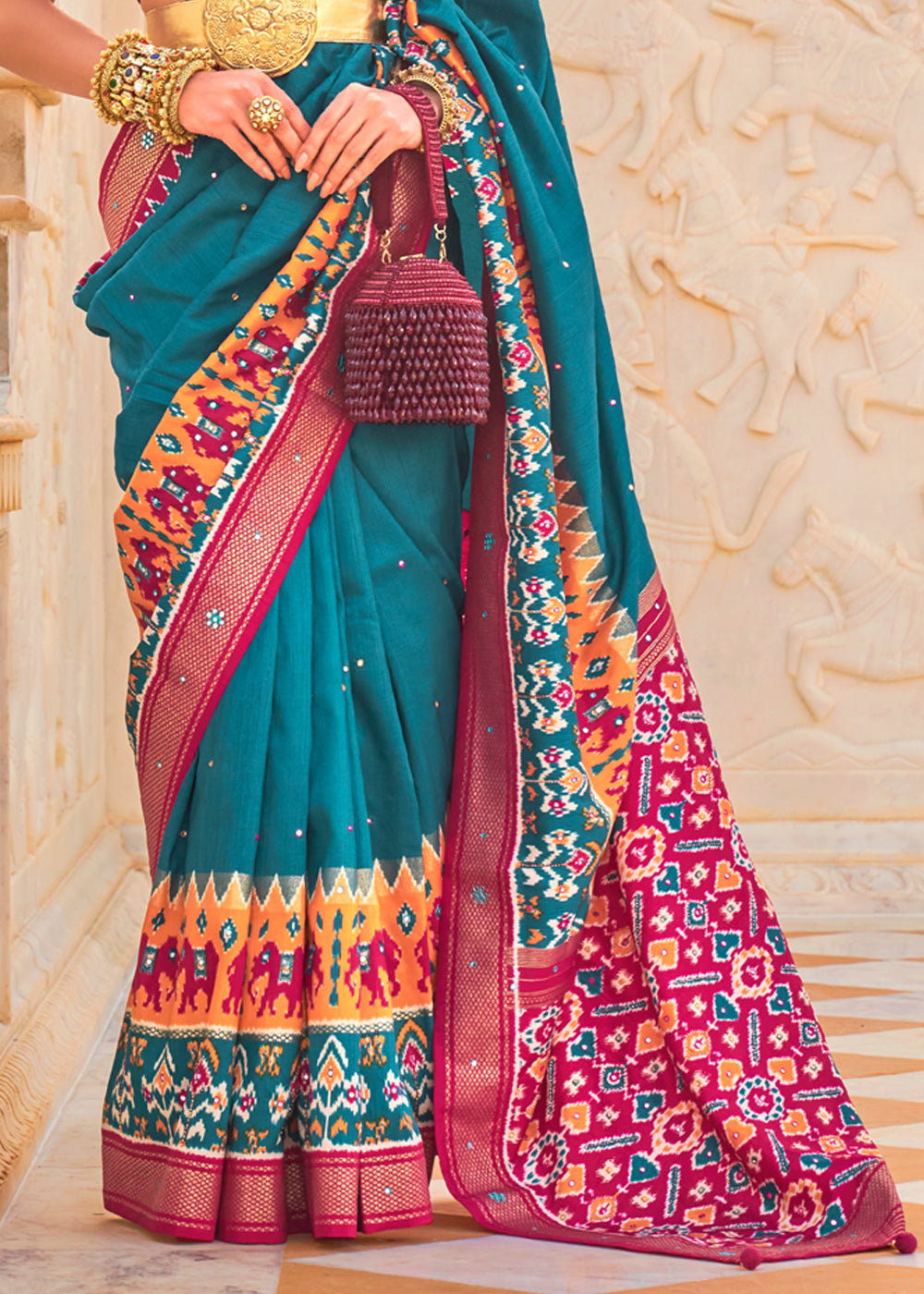 Blue Chill and Pink Woven Patola Silk Saree