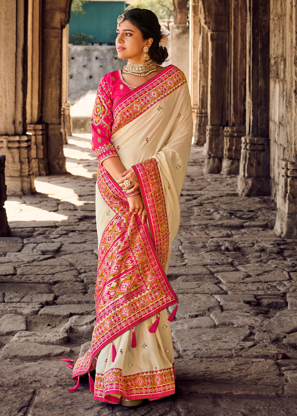 Dairy Cream Banarasi Woven Silk Saree with Designer Blouse