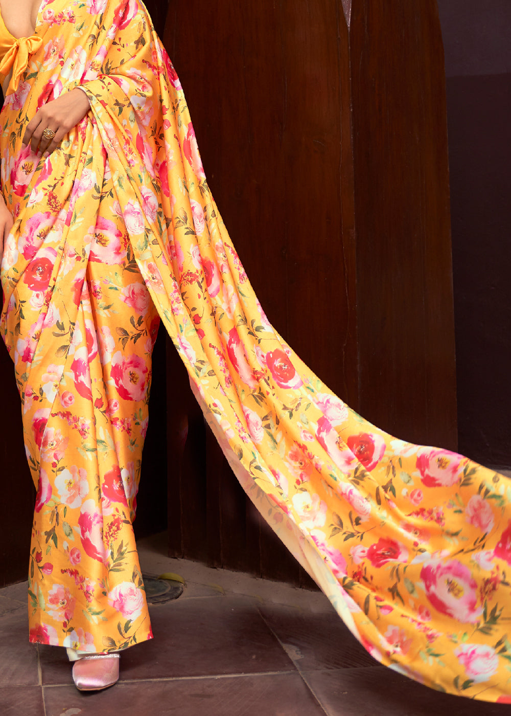 Goldenrod Yellow Floral Printed Satin Silk Saree