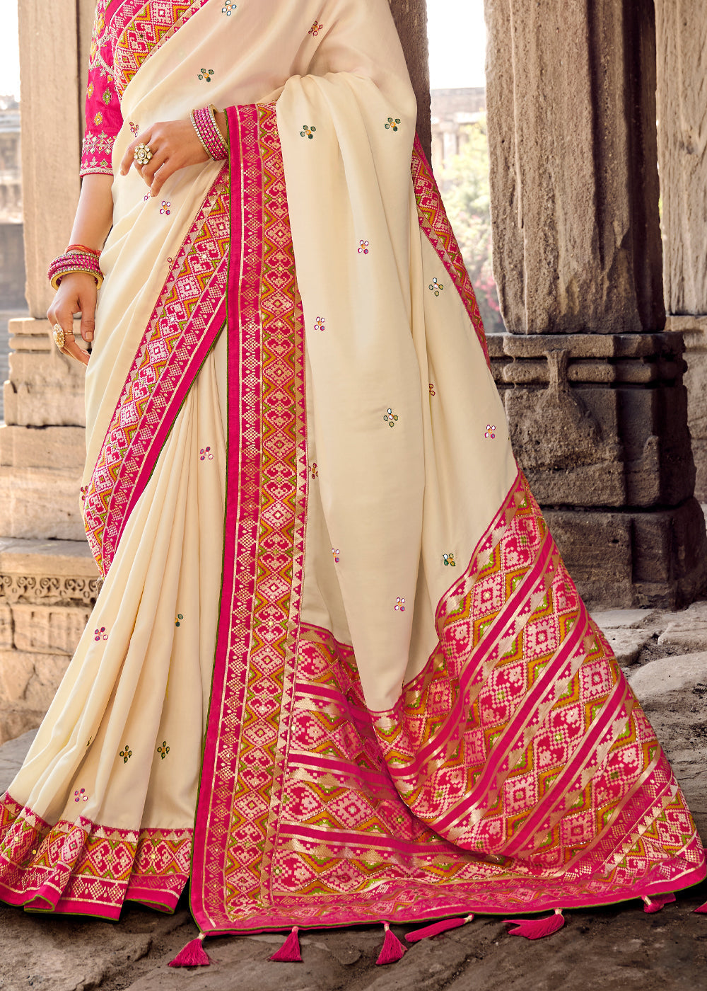 Dairy Cream Banarasi Woven Silk Saree with Designer Blouse