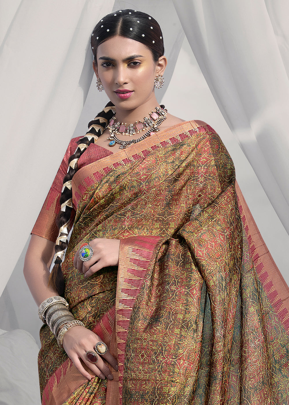 Dirt Brown Printed Designer Silk Saree