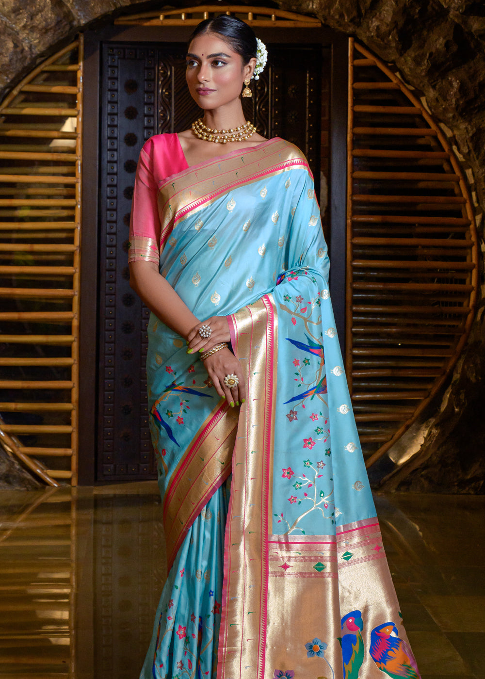 Pelorous Blue Woven paithani Silk Saree