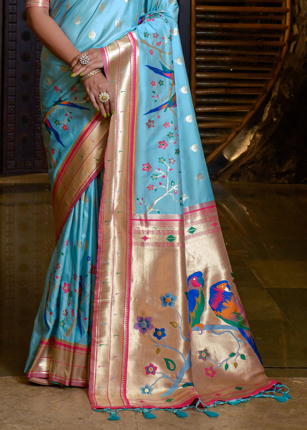 Pelorous Blue Woven paithani Silk Saree