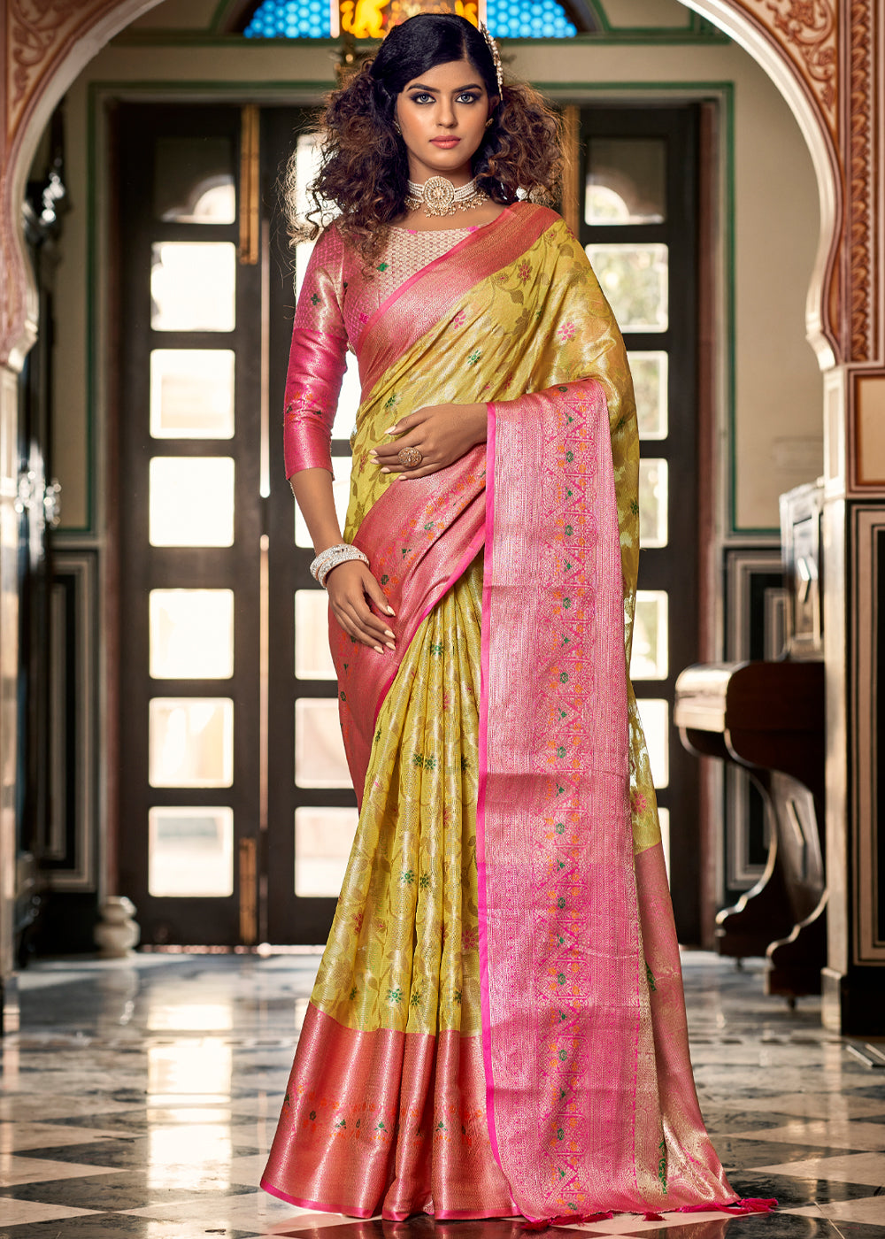 Anzac Yellow and pink Woven Banarasi Organza Silk Saree