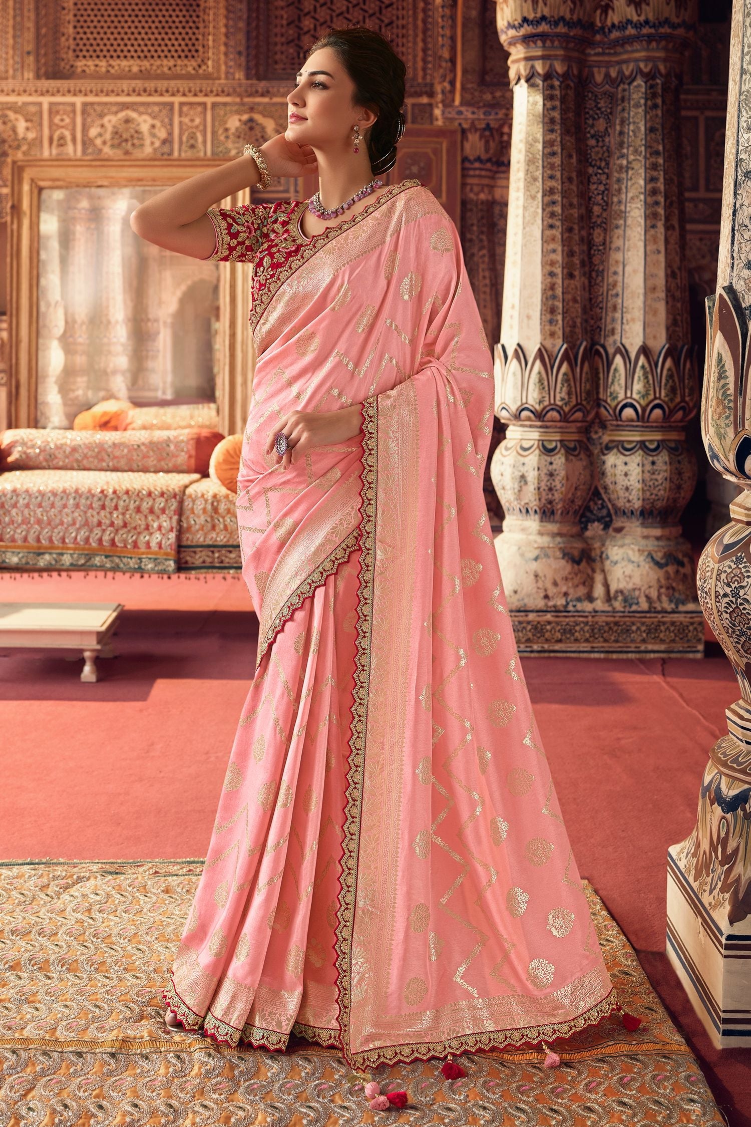 Rose Bud Peach Organza Woven Silk Saree With Peacock Motifs