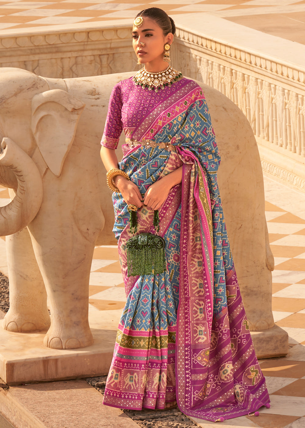 Cascade Blue and Purple Woven Patola Silk Saree