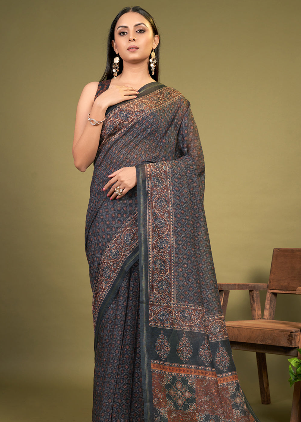 Nandor Grey Cotton Patola Printed Silk Saree