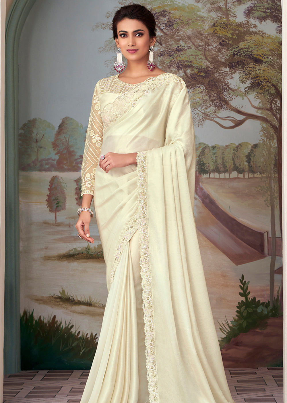 Apricot White Designer Embroidered Satin Silk Saree