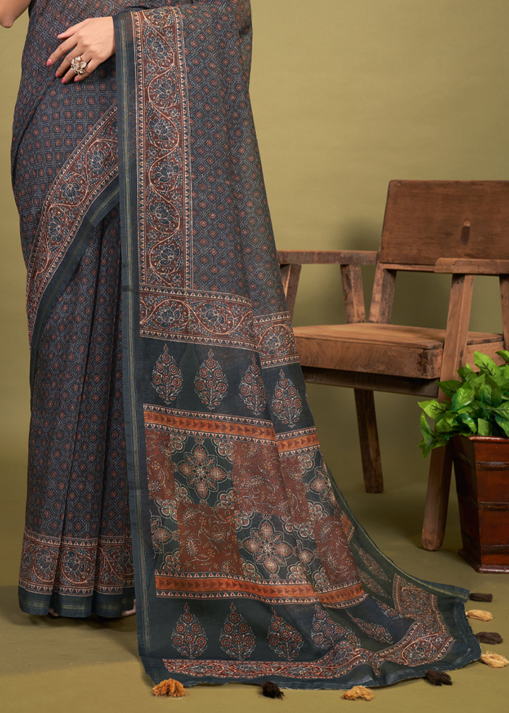 Nandor Grey Cotton Patola Printed Silk Saree