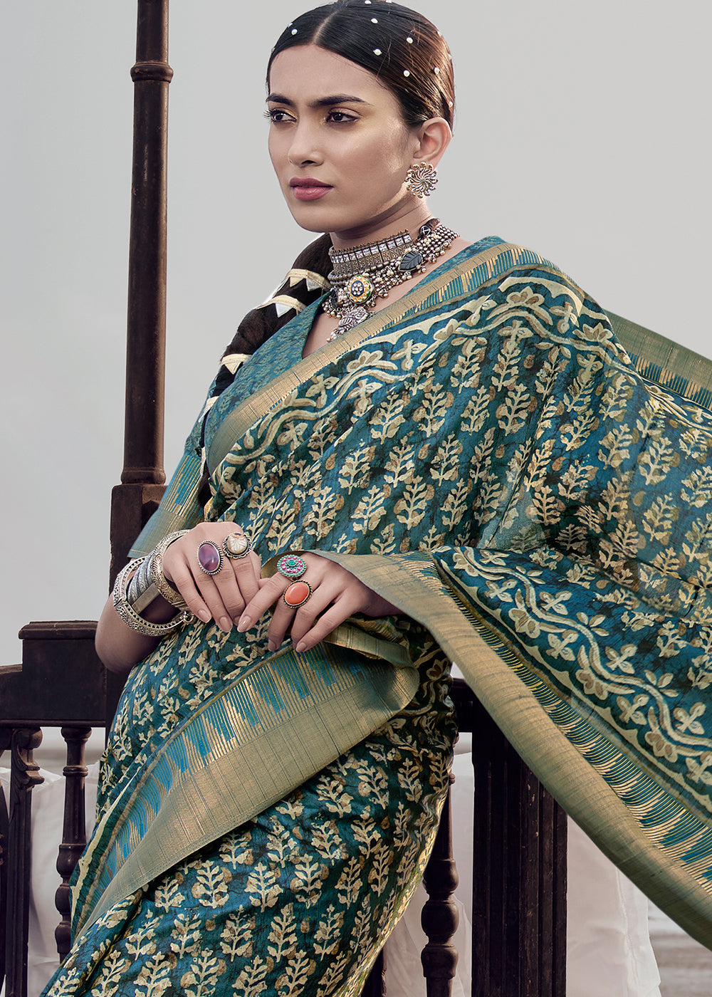 Juniper Blue Printed Designer Silk Saree